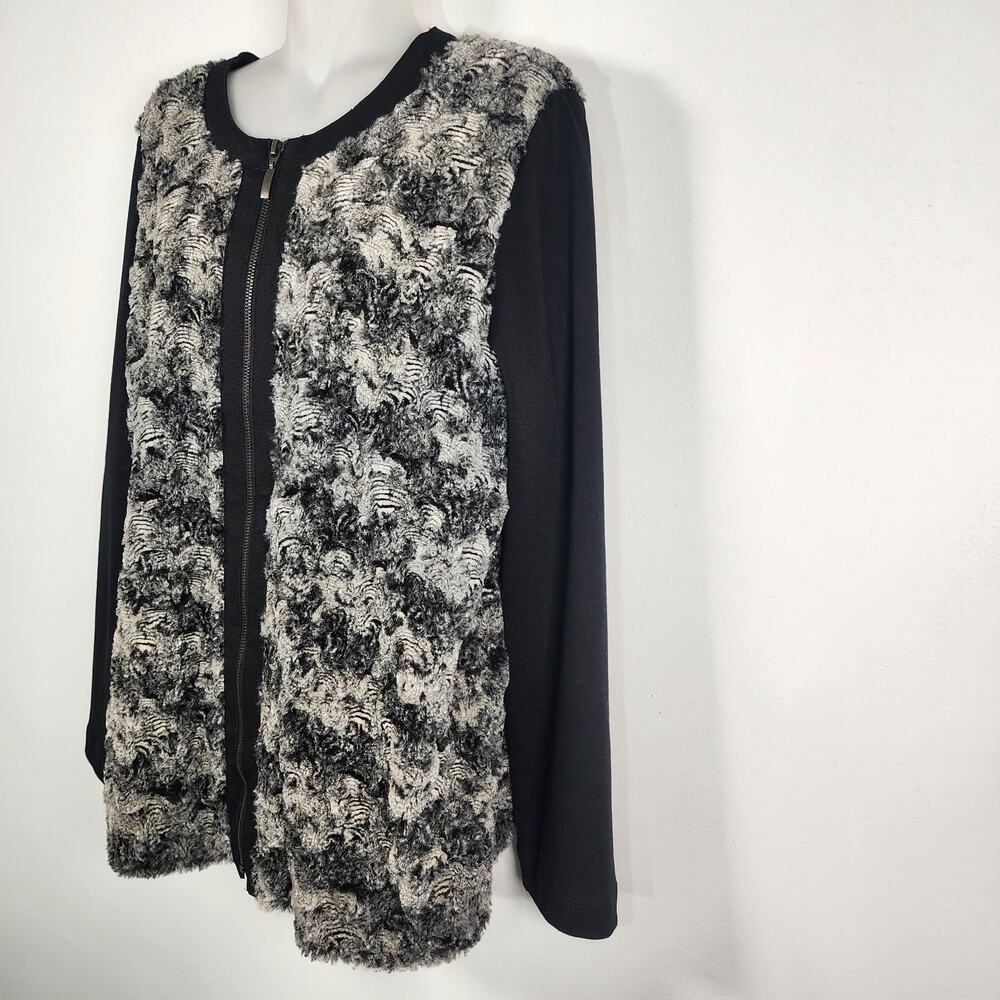 Alfred Dunner Womens Faux Fur Cardigan Sweater Full Zip Size 12 Black Abstract - Picture 5 of 11